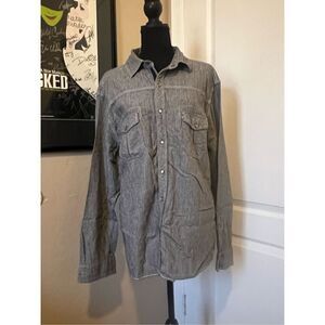 Trevero gray and black button-up linen and cotton long sleeve shirt